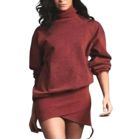 YFB‎ Turtleneck Sweater Dress French Terry Red Asymmetrical Tulip Hem Women Sz L - Picture 1 of 16